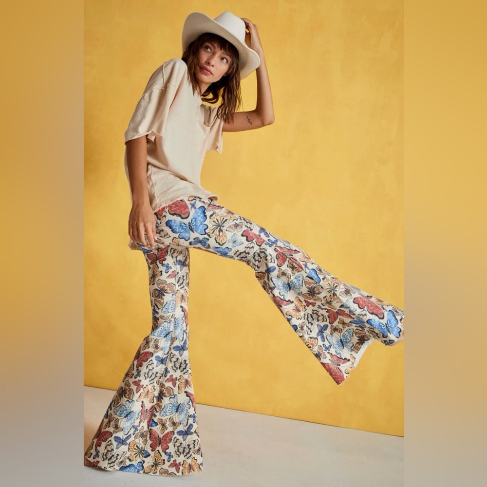 NWOT free people just float on printed butterfly flare jeans
